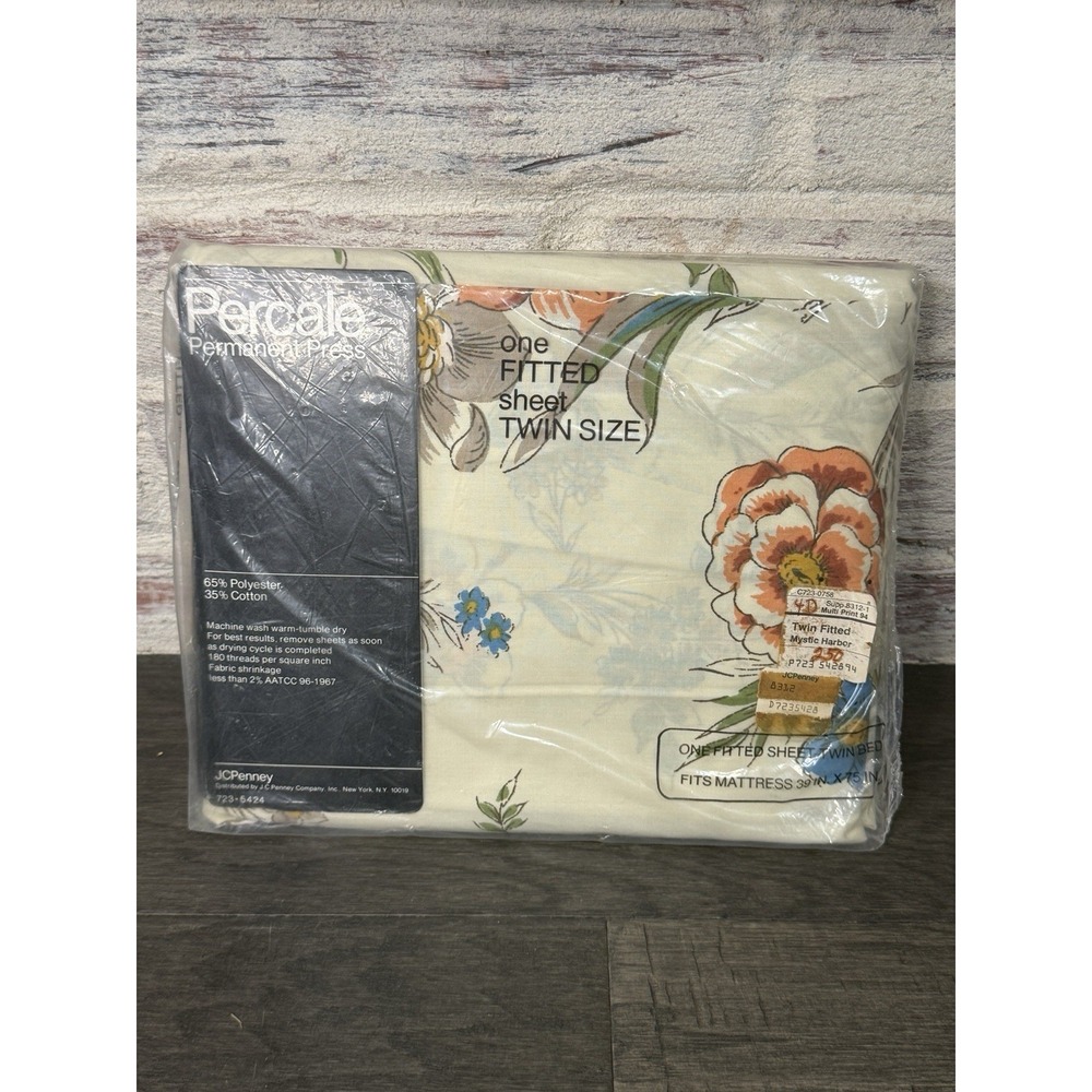 Vintage NOS JCPenney Percale Twin Size Fitted Bed Sheet Floral Mystic Harbor
